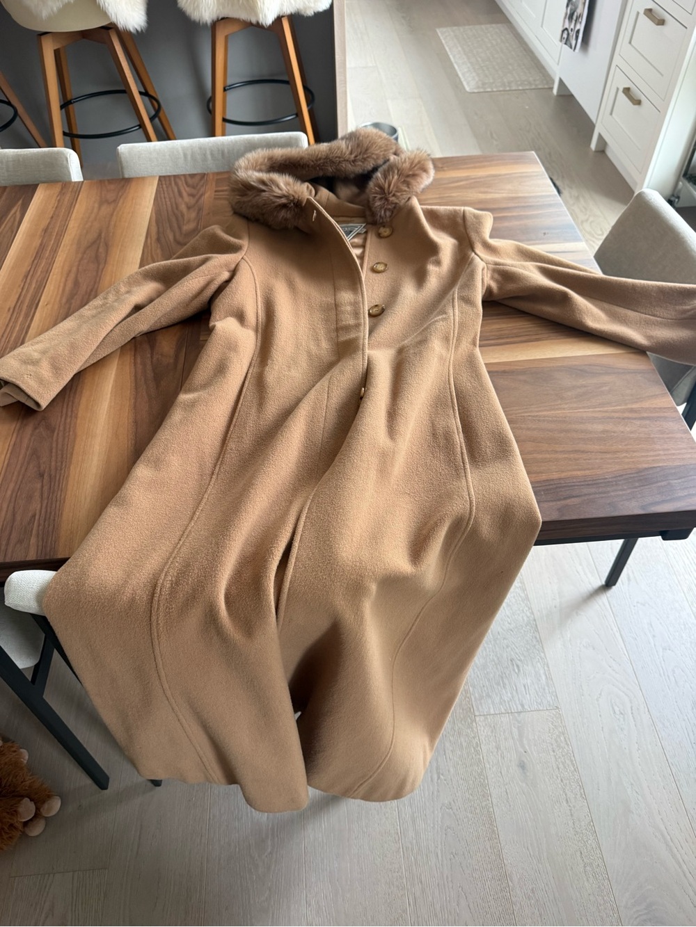Women's Camel Wool Blend Coat with Fur Trim Hood